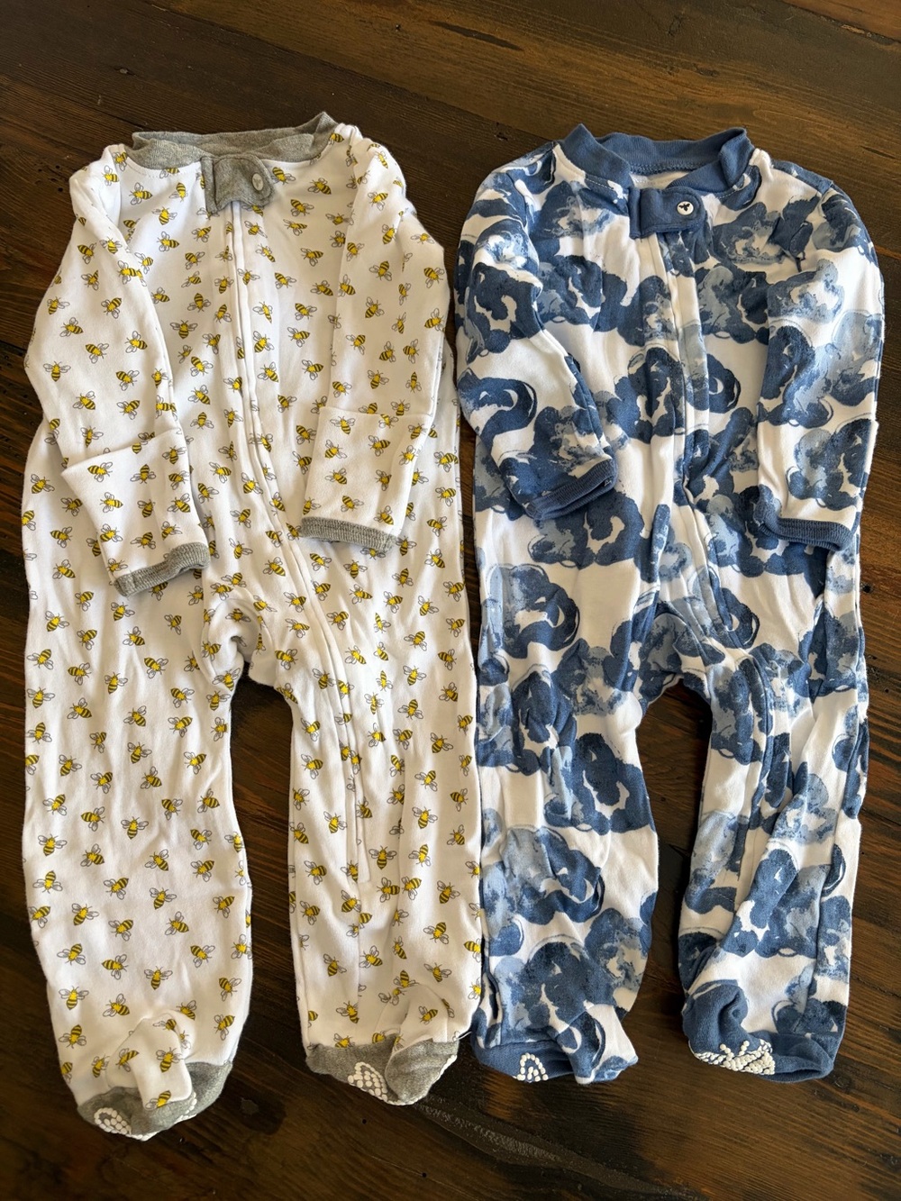 Two Baby Footed Pajamas - Yellow Bee Print & Blue Floral